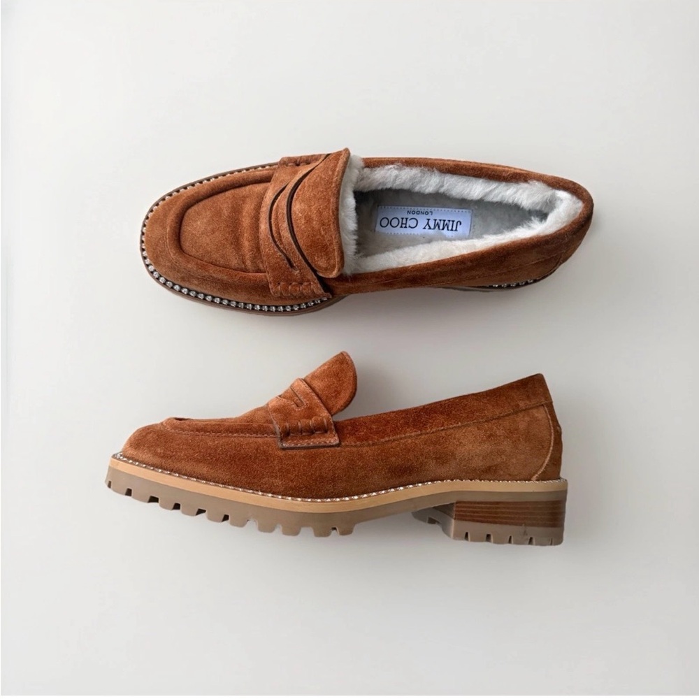 Jimmy Choo 35.5 US 5.5 Suede Shearling Lined Crystal Deanna Loafer Shoes Tan